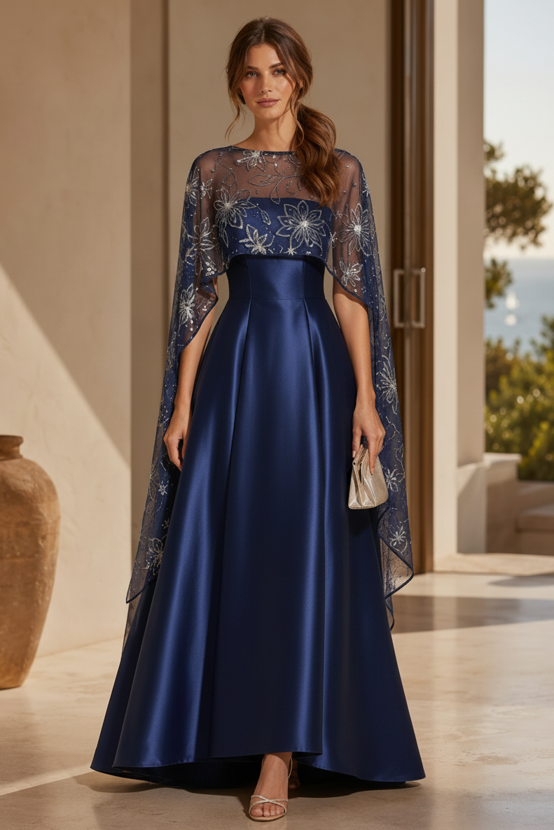 A-Linien-Abendkleid mit perlenbesticktem Blüten-Capelet