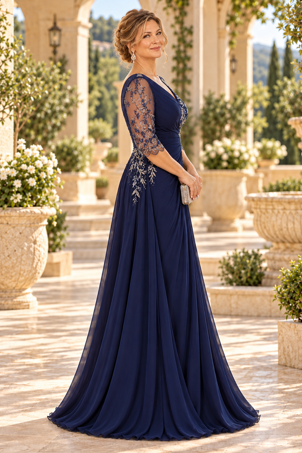 Embroidered Ruched A-Line Evening Gown