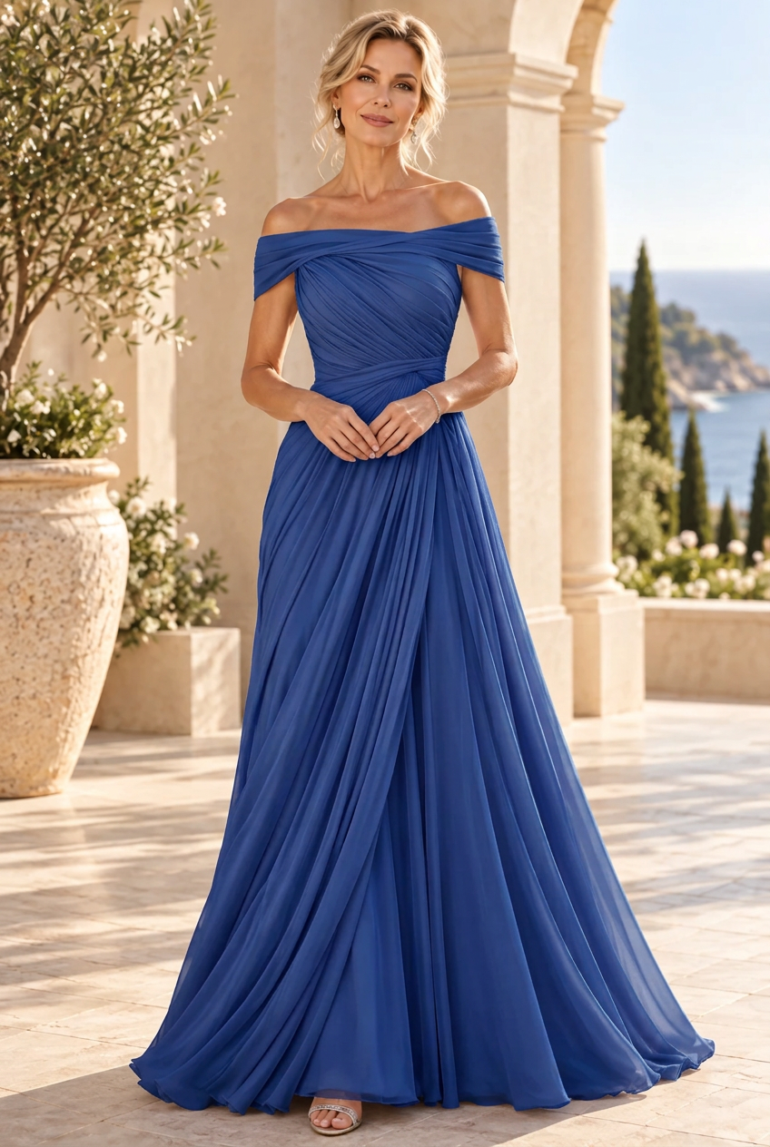 Off-the-Shoulder Pleated Chiffon A-Line Gown
