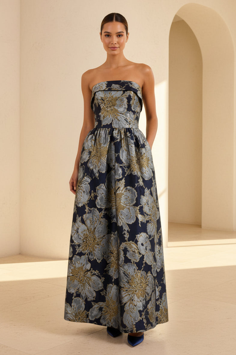 Trägerloses Maxi-Kleid mit Blumenmuster und Taschen