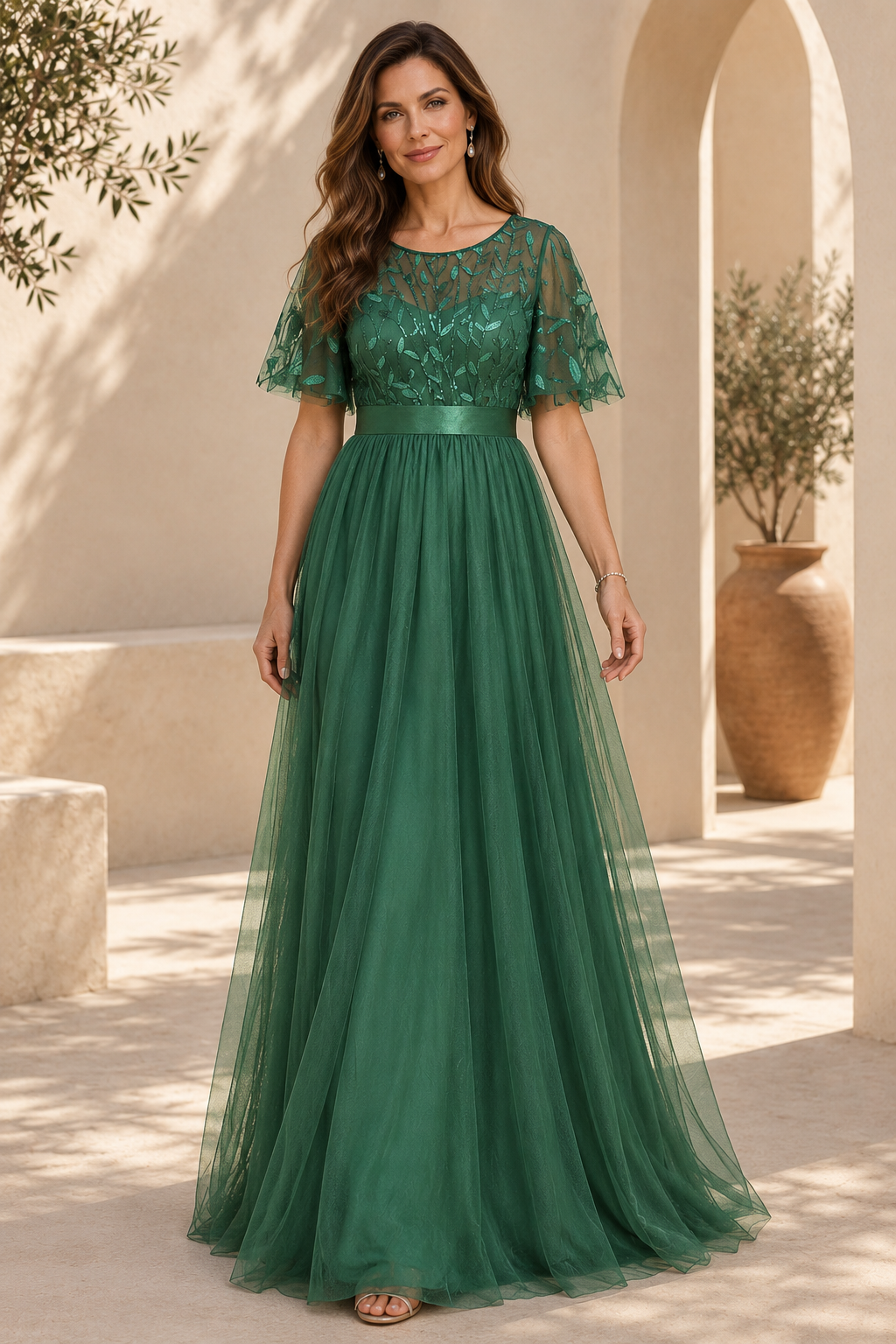 Embroidered Flutter Sleeve Tulle A-Line Maxi Dress