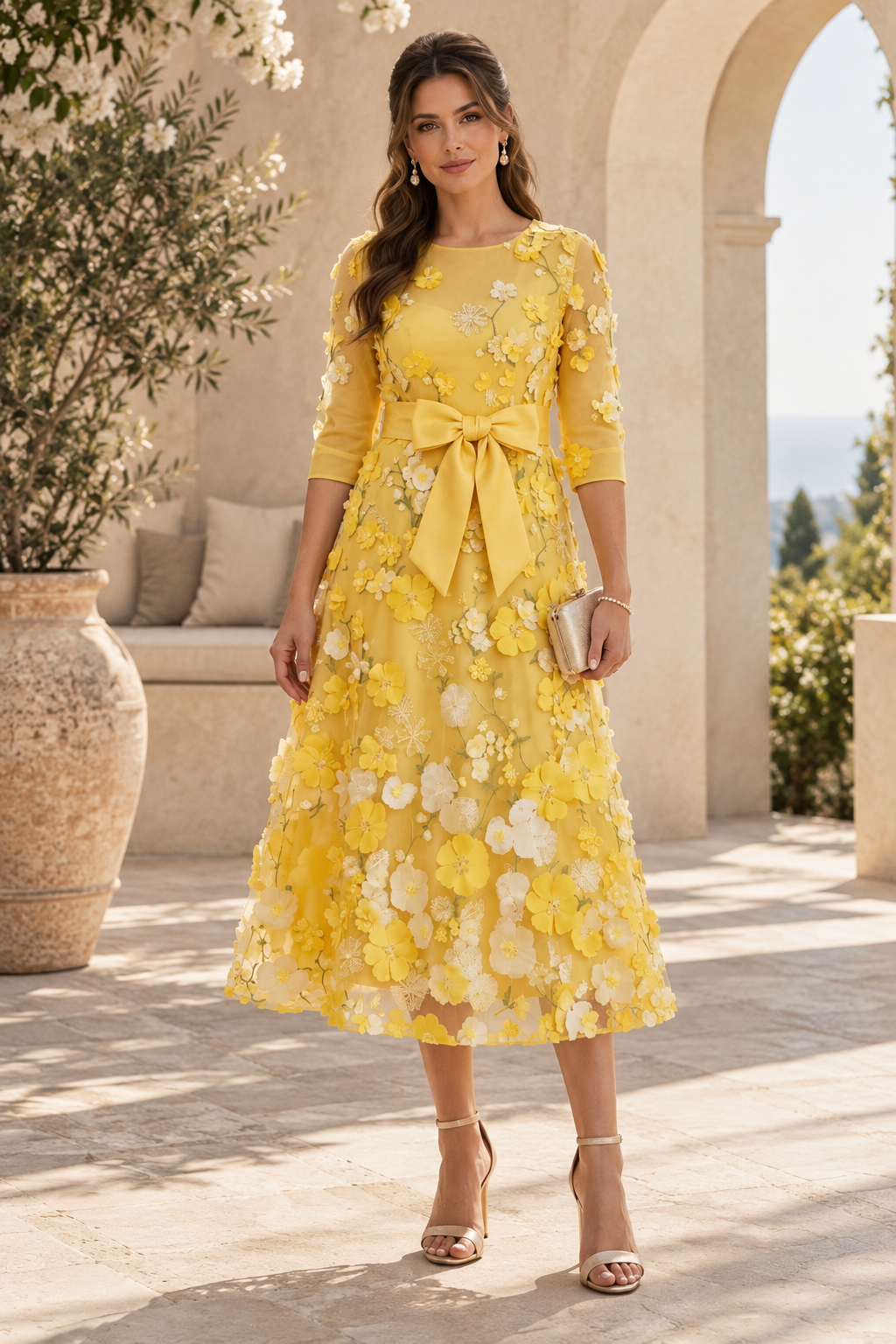 3D Floral Applique Midi Dress with Bow Waist