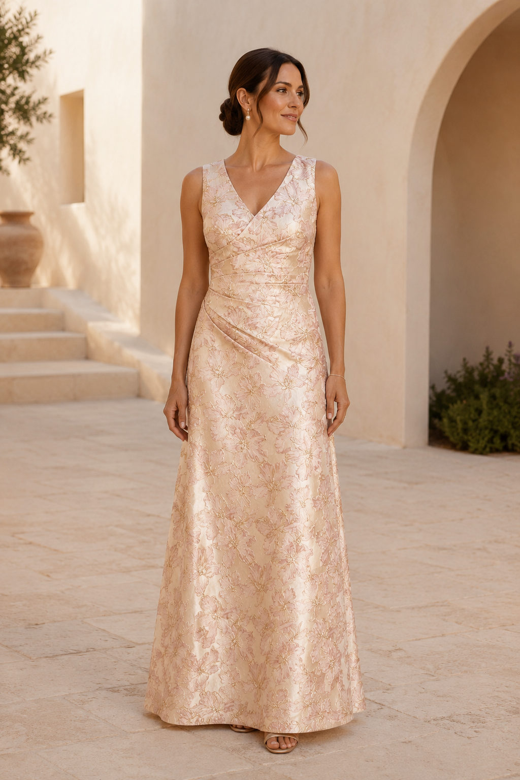 Ärmelloses Abendkleid in A-Linie aus floralem Jacquard