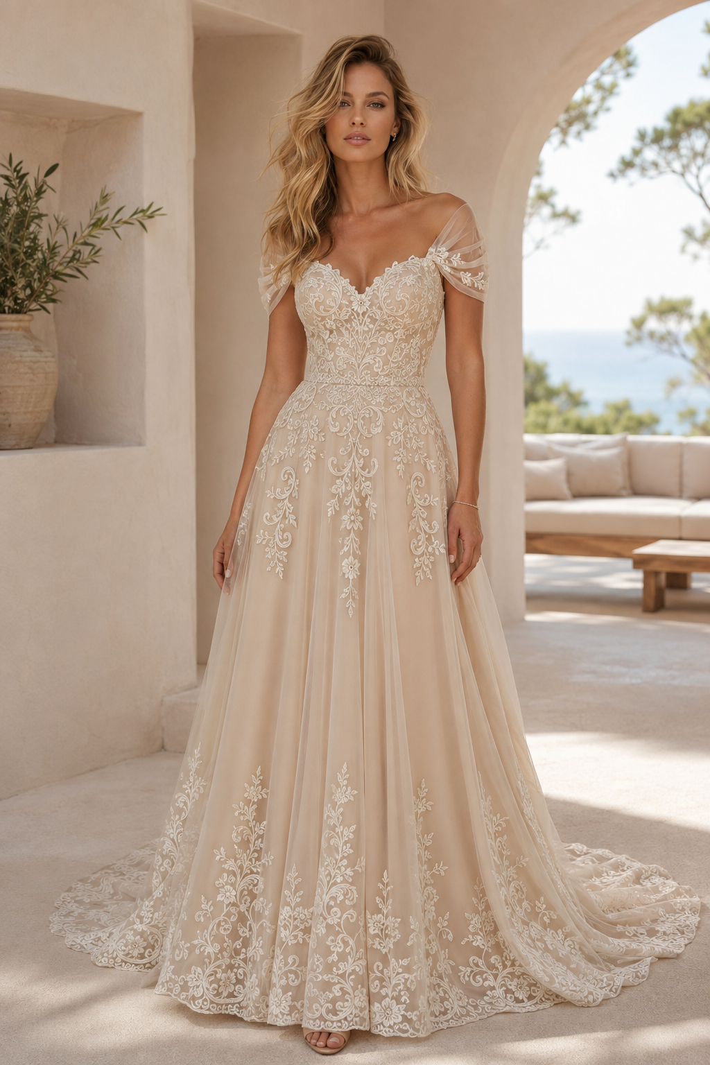 A-Linien-Brautkleid mit Spitzenapplikationen und schulterfreiem Dekolleté
