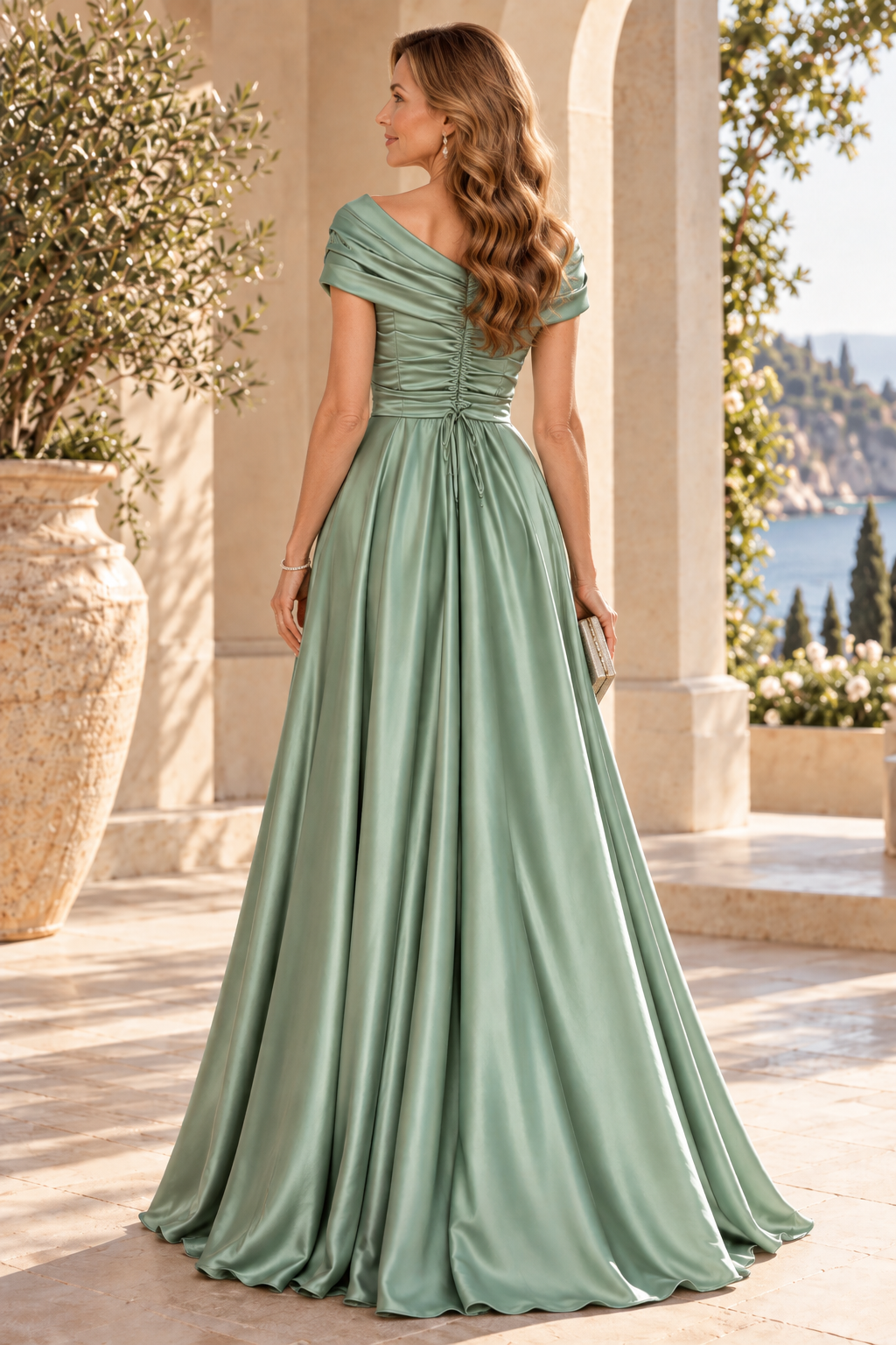 Pleated V-Neck Satin A-Line Gown with Front Drape