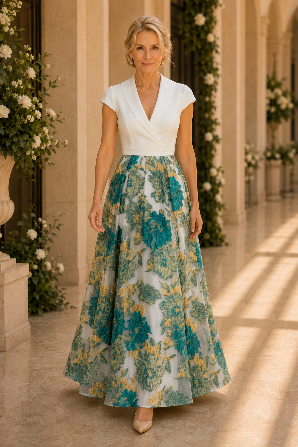 Gekräuseltes V-Ausschnitt A-Linien-Kleid mit geblümtem Rock
