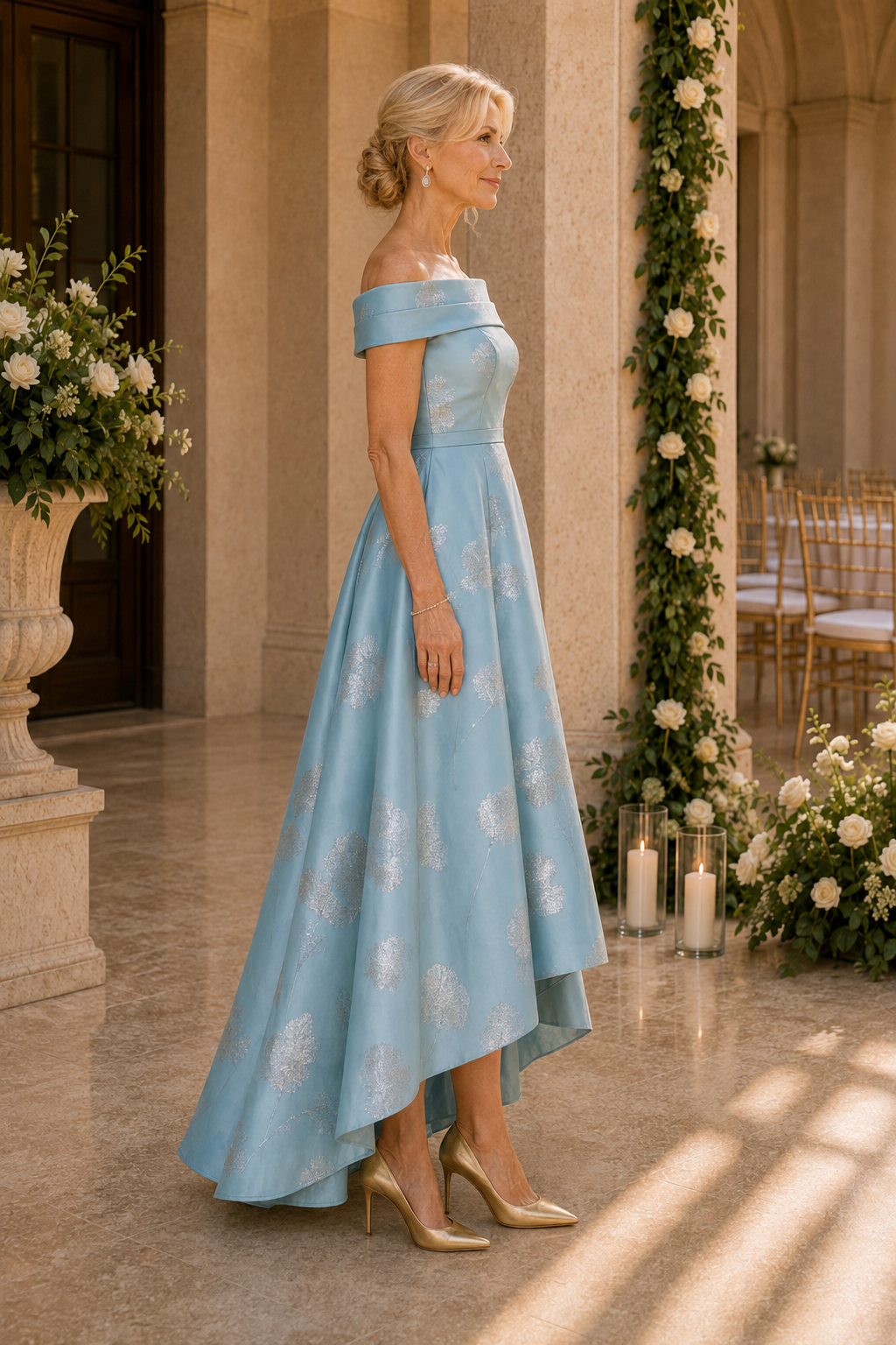 Carmen-Ausschnitt Metallic-Blumenmuster High-Low-Kleid
