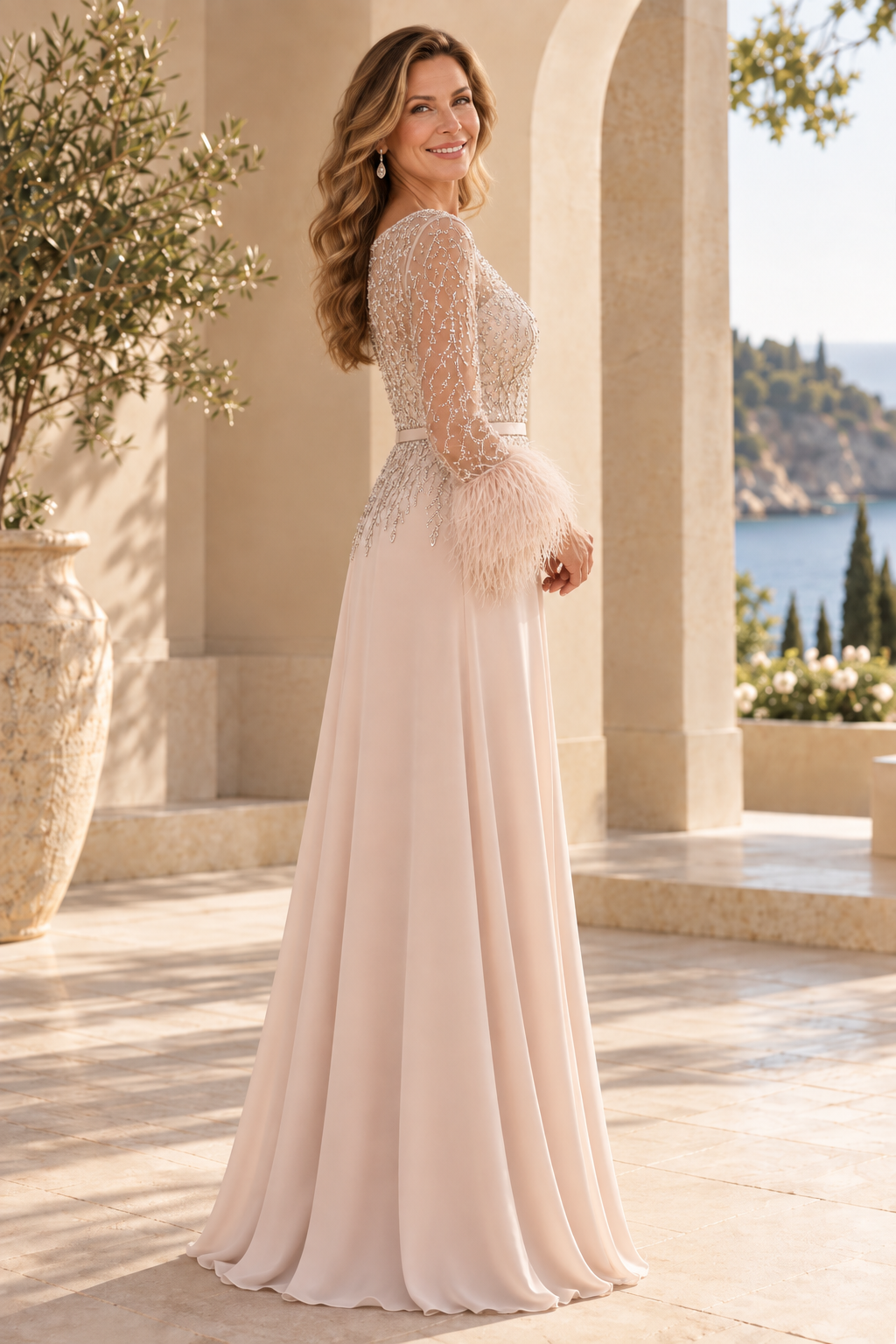 Beaded Feather-Cuff A-Line Gown