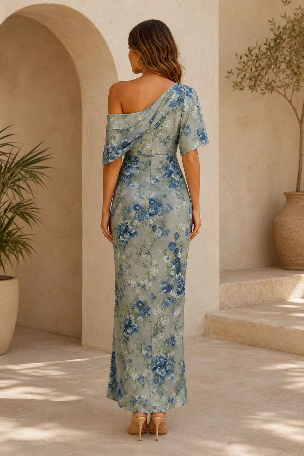 Asymmetrisches One-Shoulder-Wickelmaxikleid mit Blumenmuster
