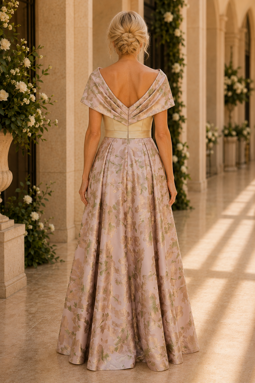 Florales Jacquard-A-Linien-Kleid mit drapiertem Ausschnitt