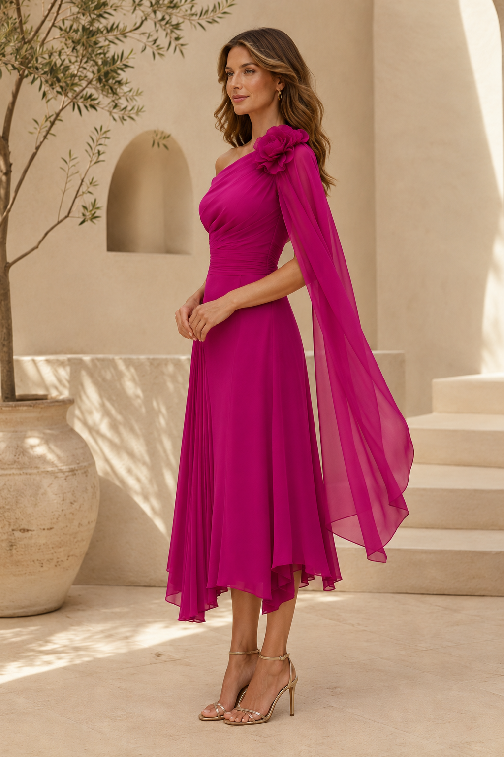 One-Shoulder Midi-Kleid mit Blumenmuster und Cape
