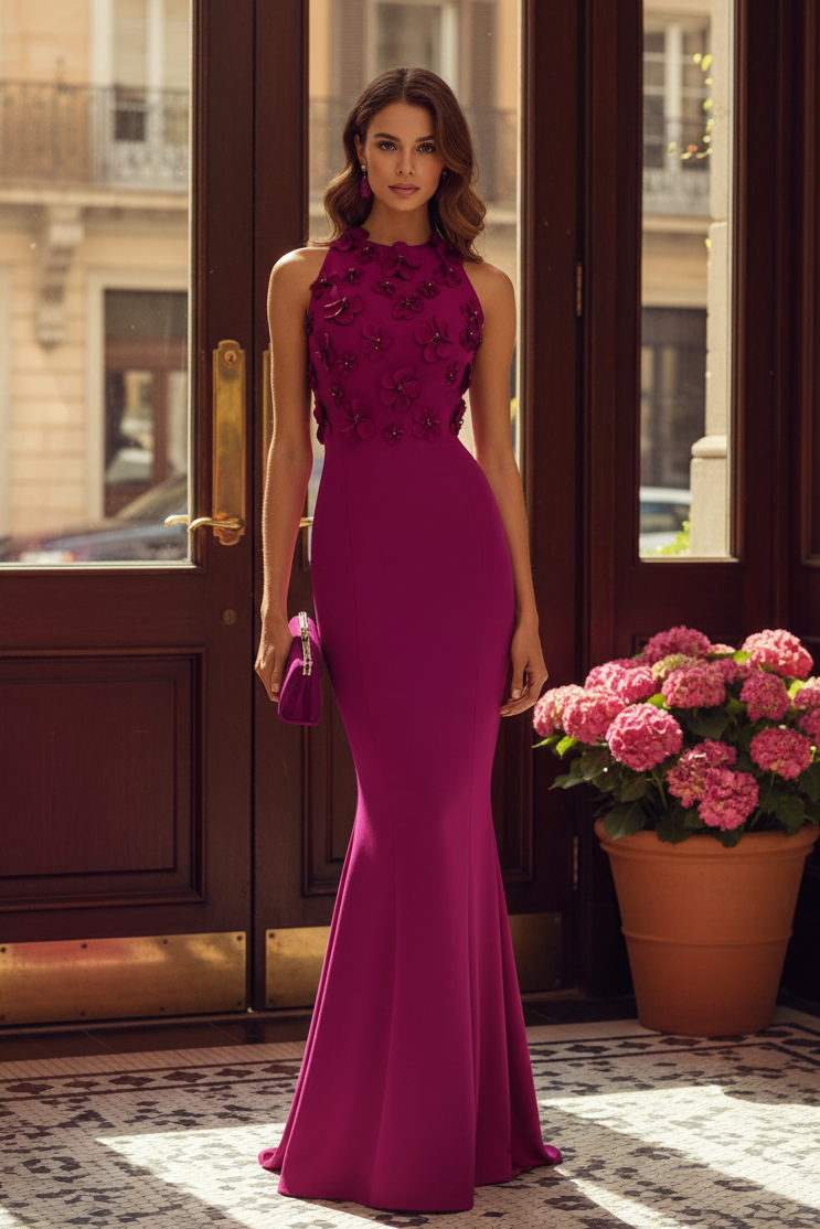 3D-Blumen-Meerjungfrauen-Abendkleid mit hohem Kragen