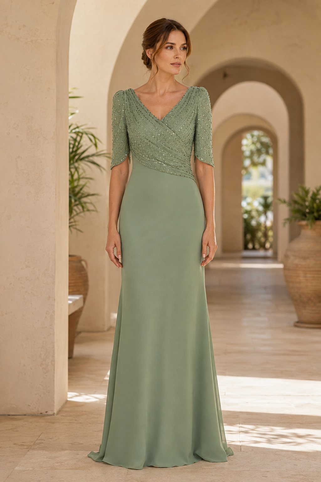 Perlenbesetztes, asymmetrisches bodenlanges Abendkleid