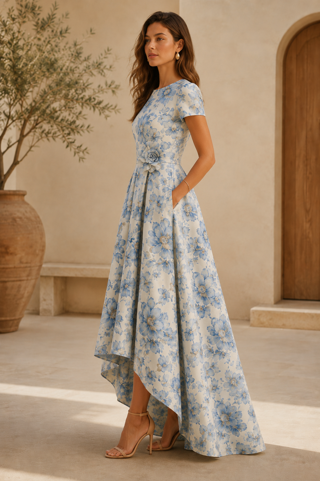 Florales Vokuhila-A-Linien-Kleid mit 3D-Blume