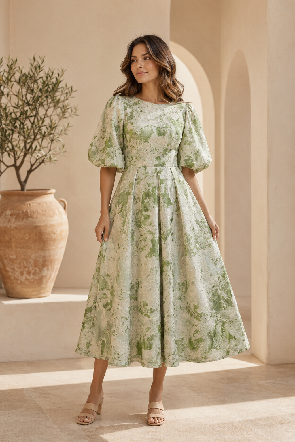 Midi-Kleid aus floralem Jacquard mit Puffärmeln
