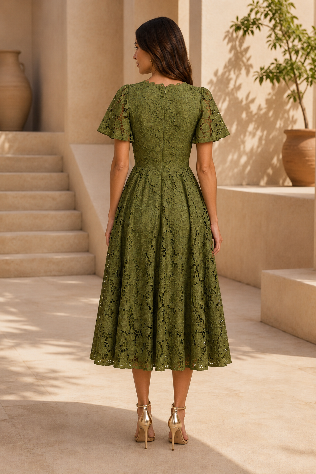 Olivesfarbenes Spitzen-Midikleid mit flatternden Ärmeln