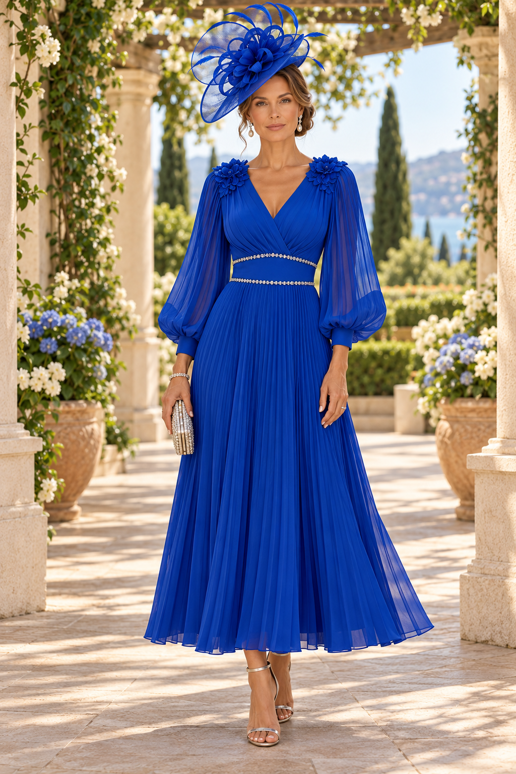 Pleated A-Line Midi Dress with Bishop Sleeves