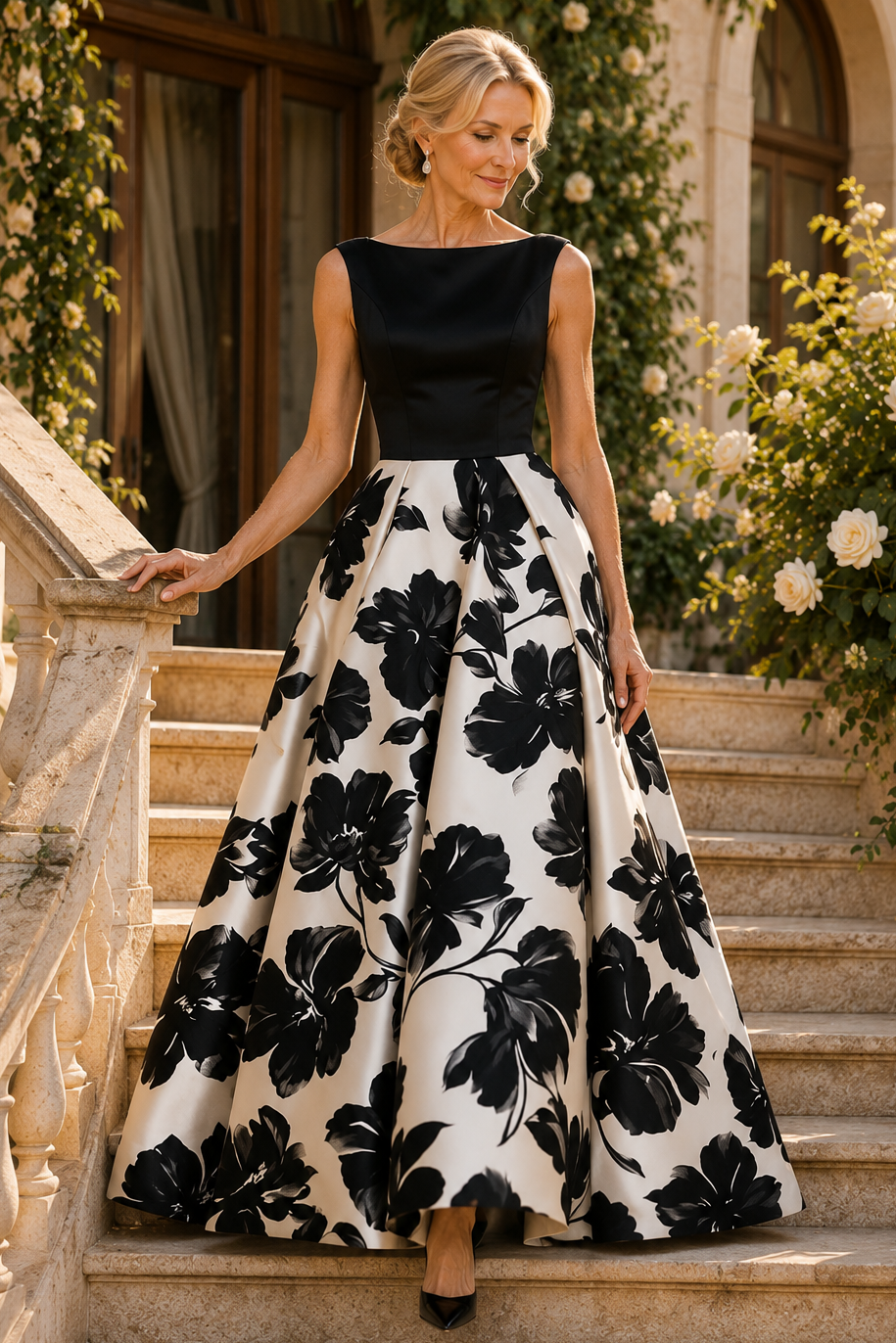 Ärmelloses Ballkleid mit U-Boot-Ausschnitt und Blumenmuster