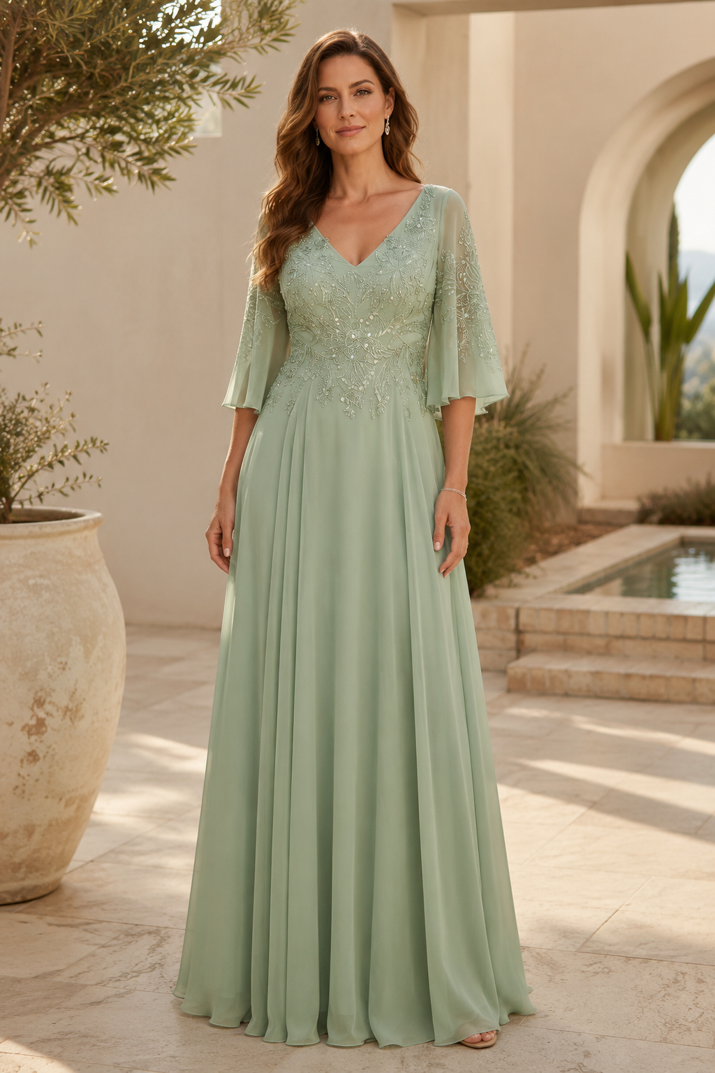 Besticktes A-Linien-Kleid mit Flügelärmeln