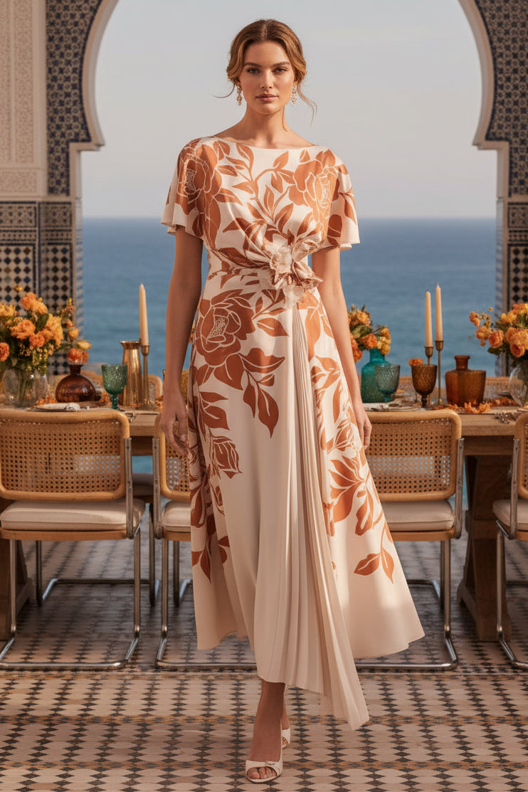 Geblümtes, asymmetrisches Midikleid mit Bateau-Ausschnitt