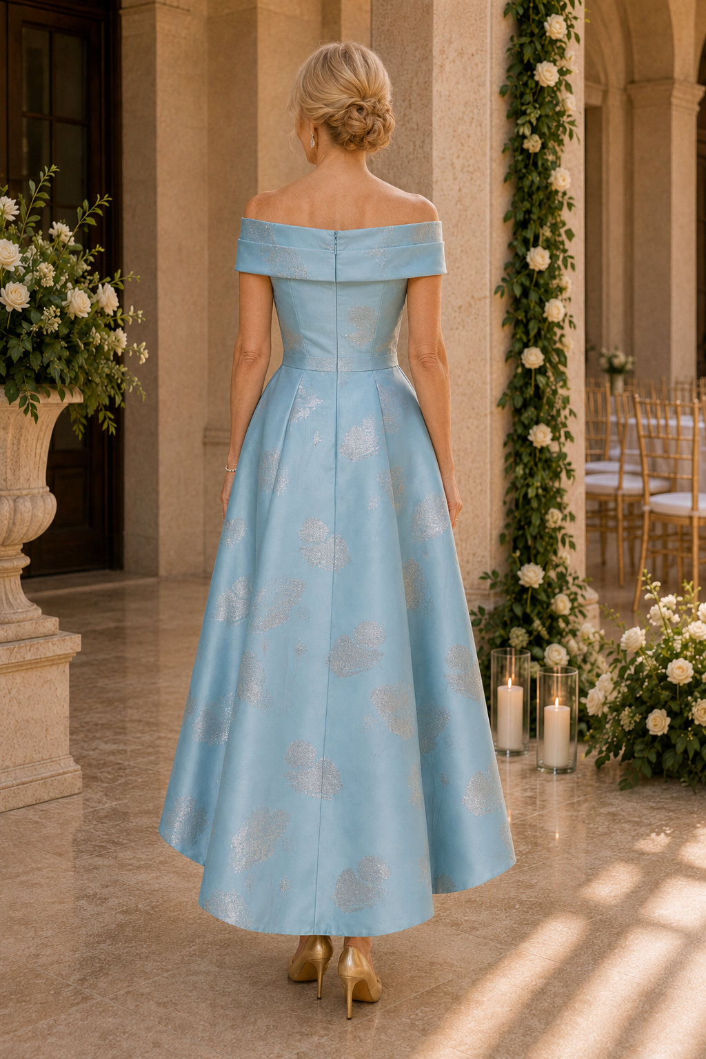 Carmen-Ausschnitt Metallic-Blumenmuster High-Low-Kleid