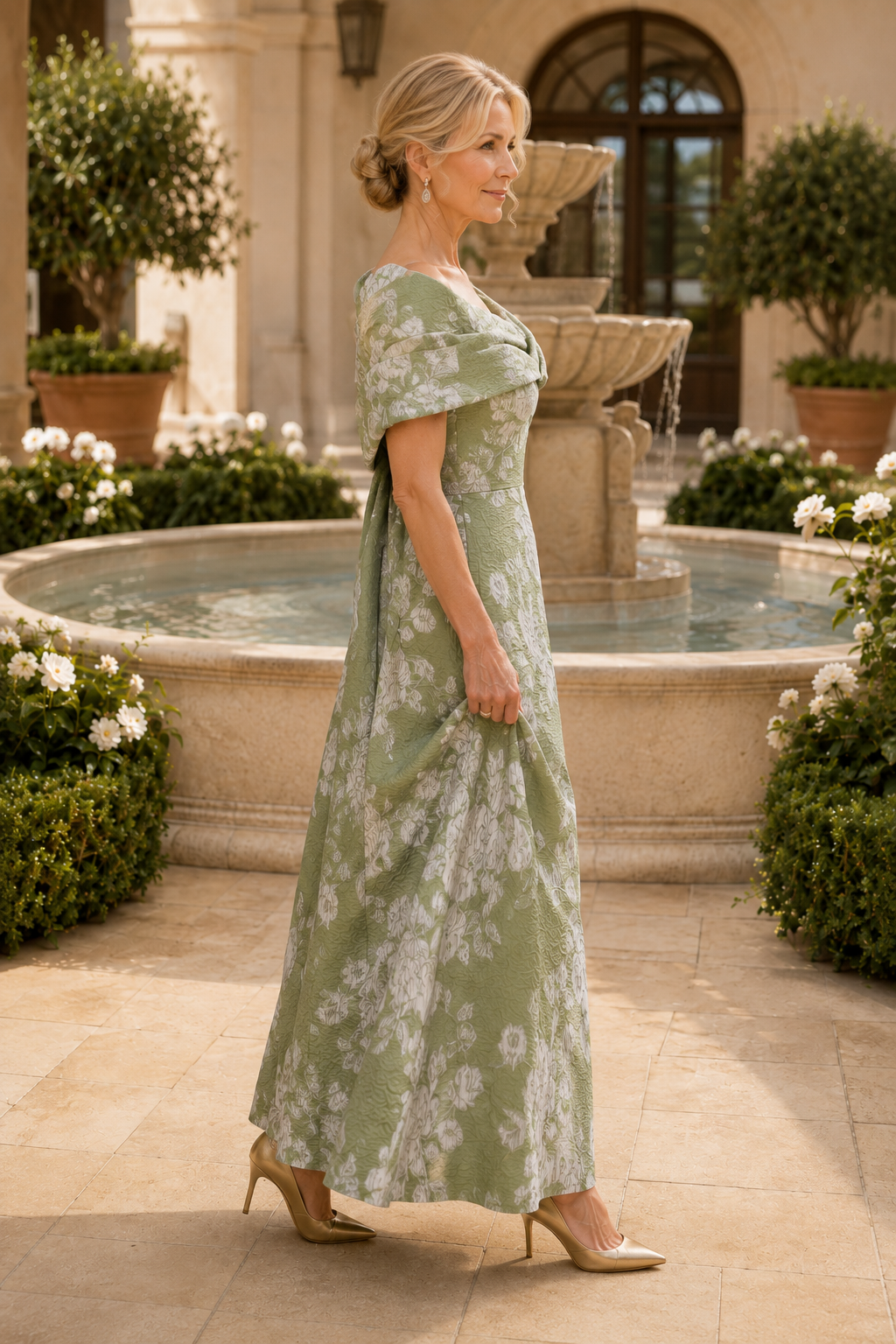 Blumen-Jacquard-Abendkleid mit One-Shoulder-Träger und Stola