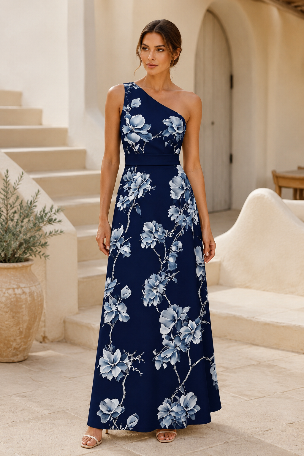 Blumenbedrucktes One-Shoulder A-Linien Maxikleid