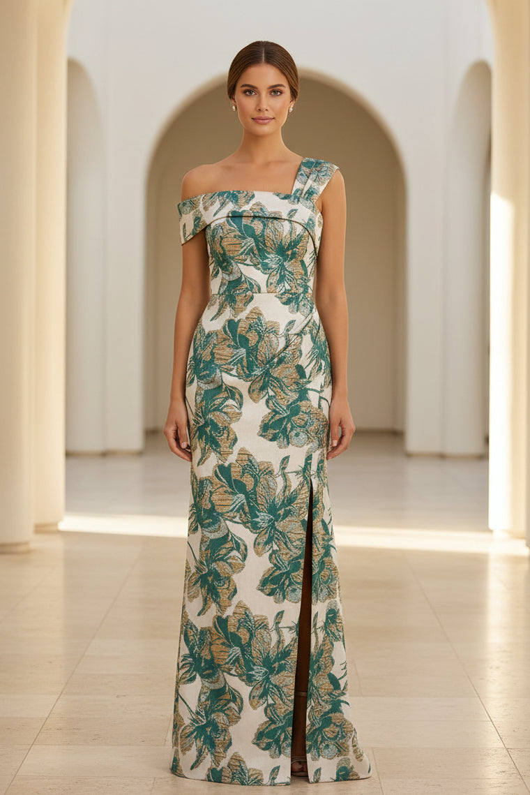 Blumiges Jacquard-Abendkleid mit One-Shoulder und Schlitz