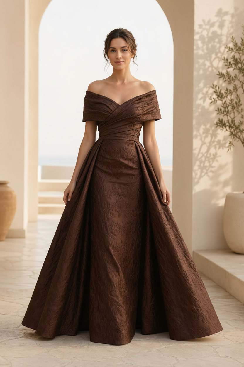 Off-Shoulder Jacquard A-Linien-Kleid mit plissiertem Oberteil