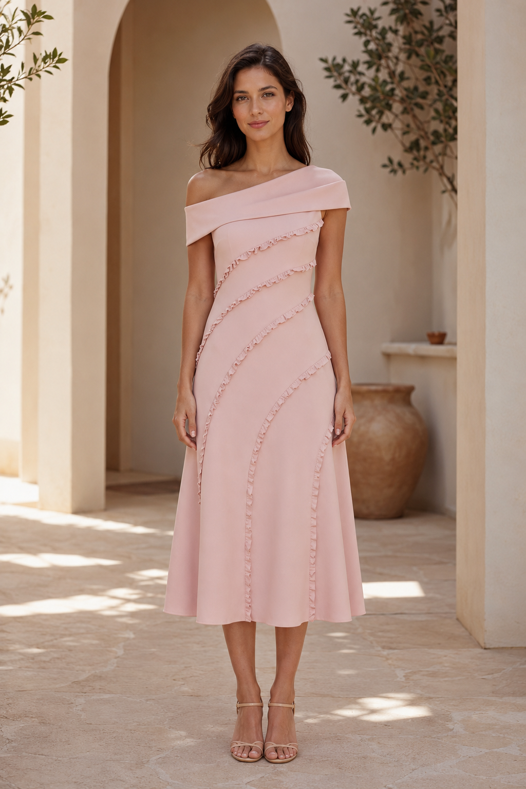 Carmen-Midikleid mit Spiralrüschenbesatz