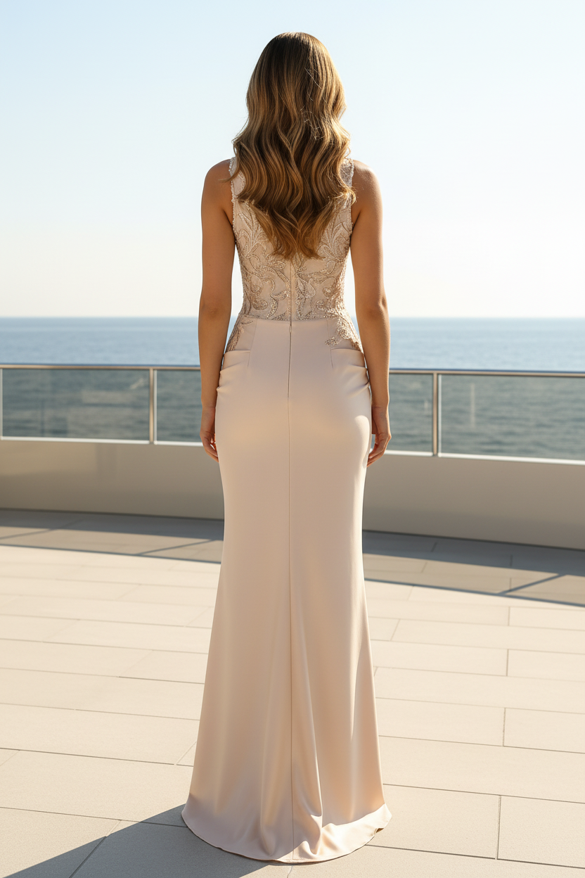 Satin-Scheidenkleid mit besticktem Spitzenmieder