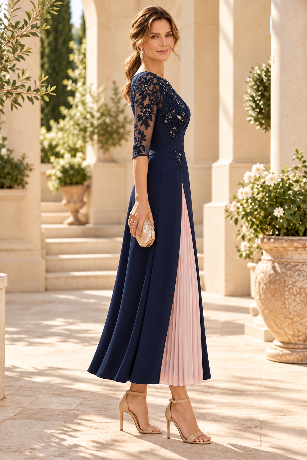 A-Line Ankle Dress with Lace Bodice & Inset