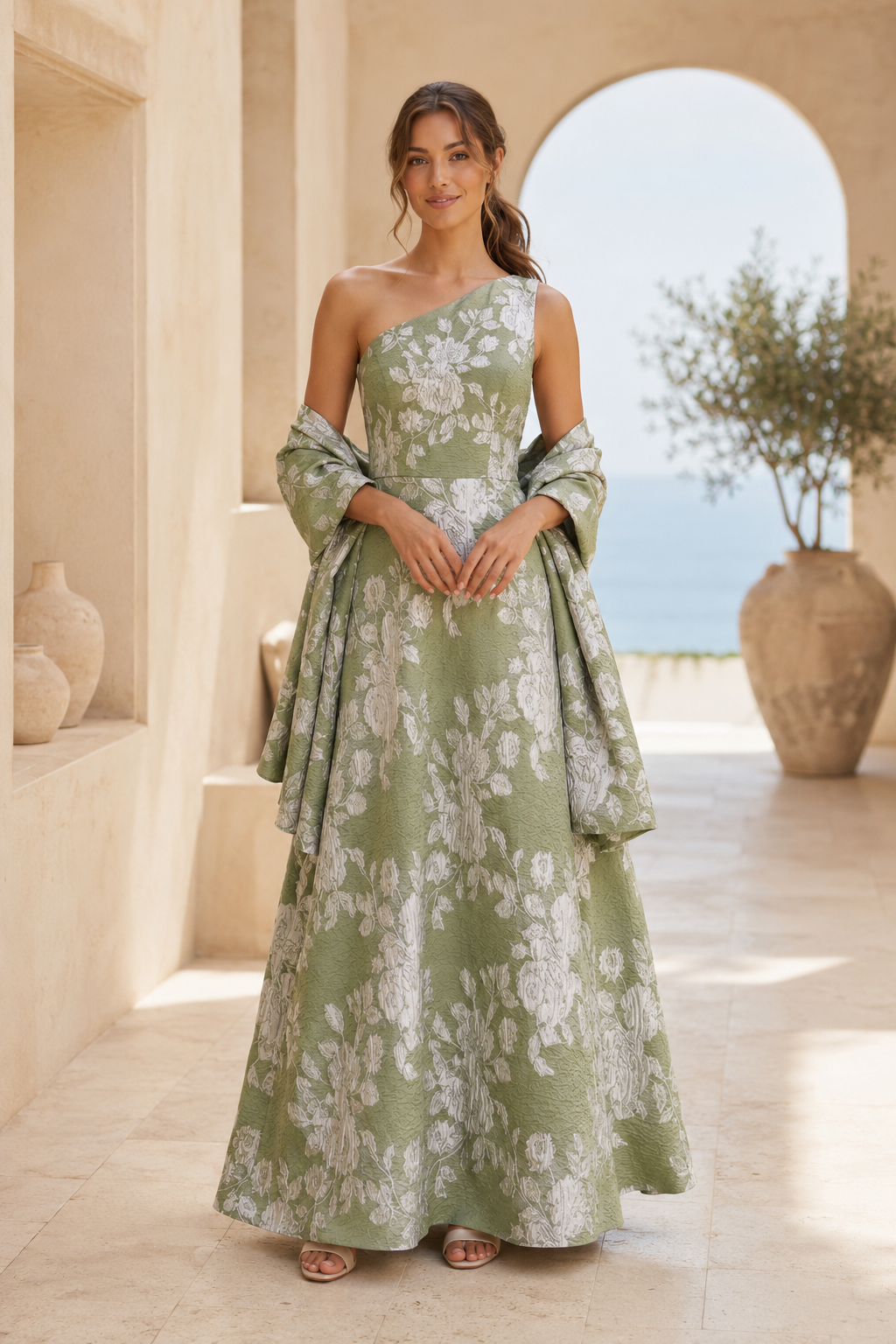 Ein-Schulter-A-Linien-Kleid aus geblümtem Jacquard mit passendem Schal