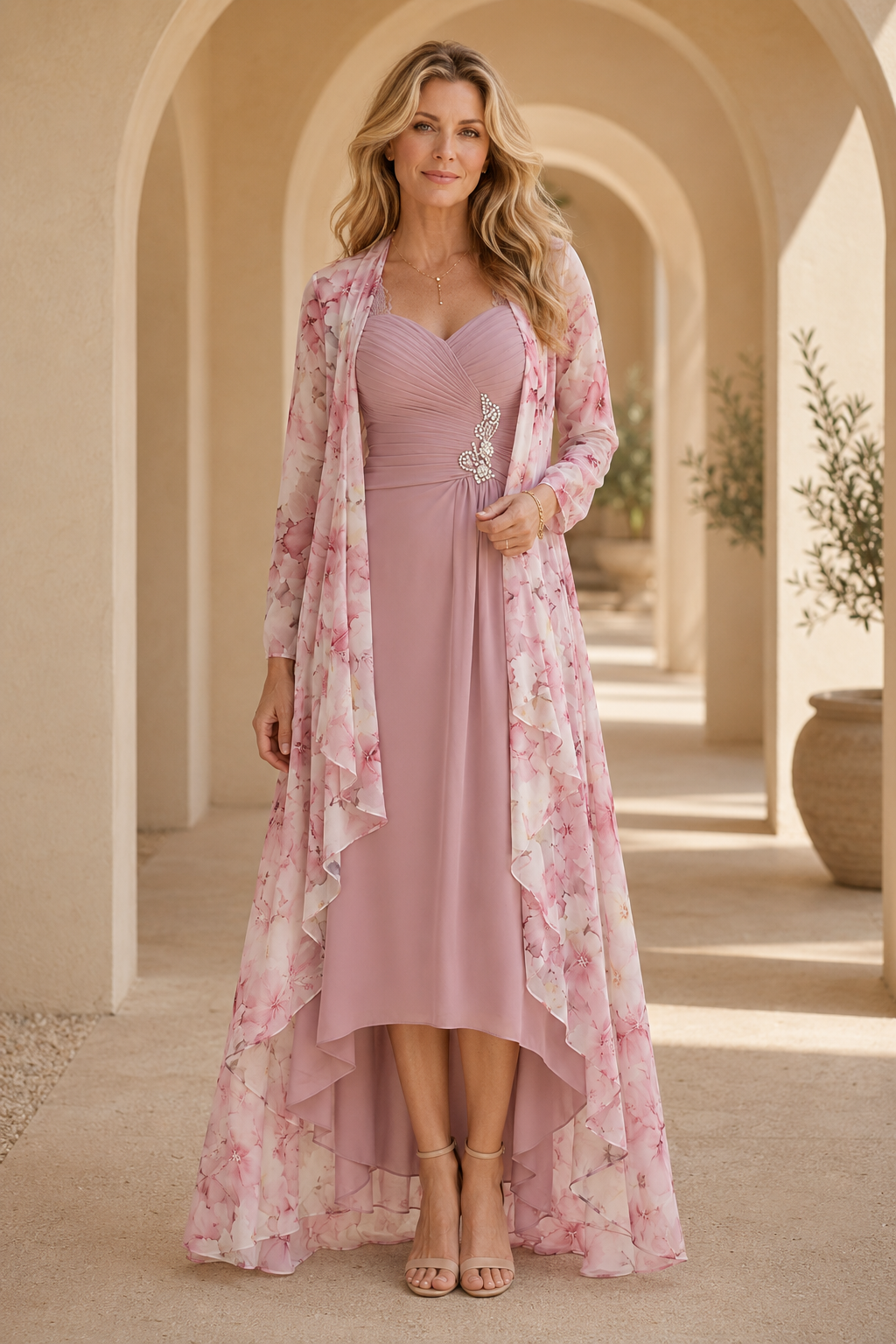 High-Low-Kleid mit floraler Staubmantel-Jacke