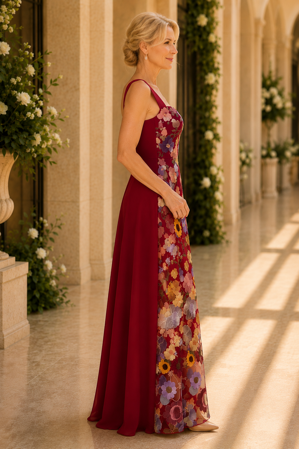 Besticktes florales asymmetrisches A-Linien-Kleid