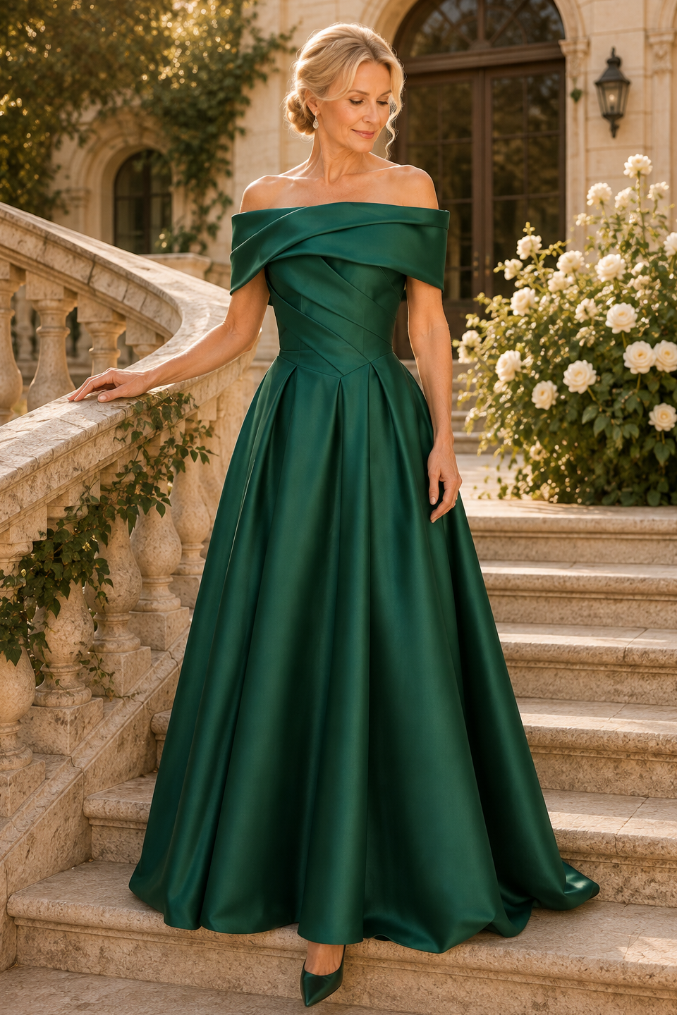 Off-Shoulder Plissiertes Satin-Abendkleid in A-Linie