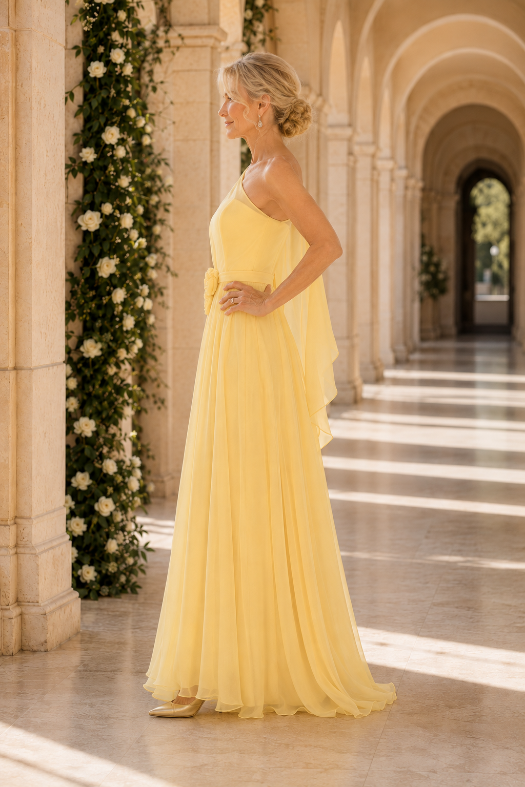 Ein-Schulter-Cape A-Linien Chiffonkleid mit Blumenmuster