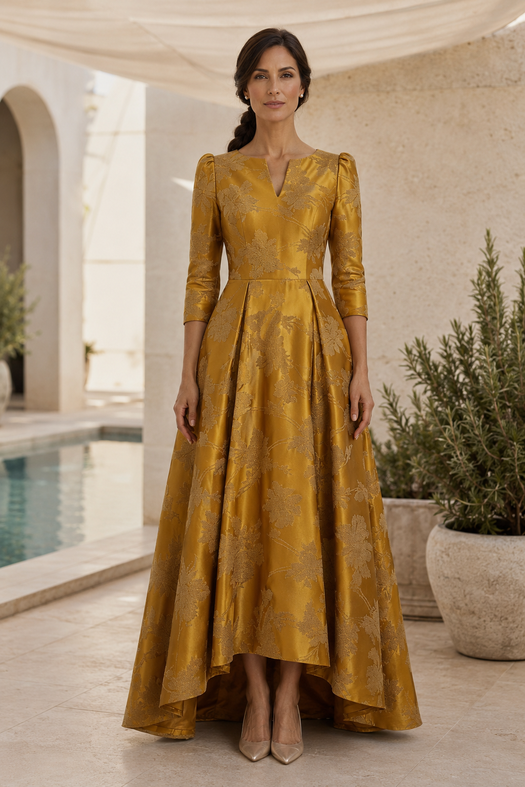 Jacquard-A-Linien-Kleid mit High-Low-Saum und 3/4-Ärmeln