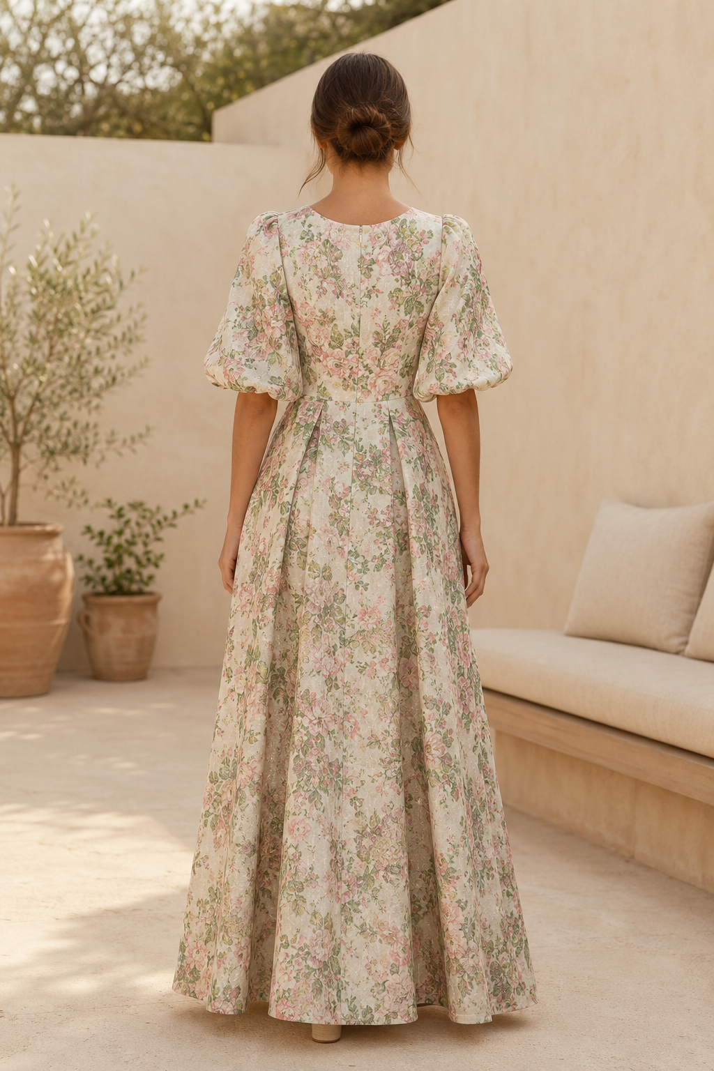 Geblümtes Jacquard A-Linien Maxikleid mit Ellenbogenärmeln