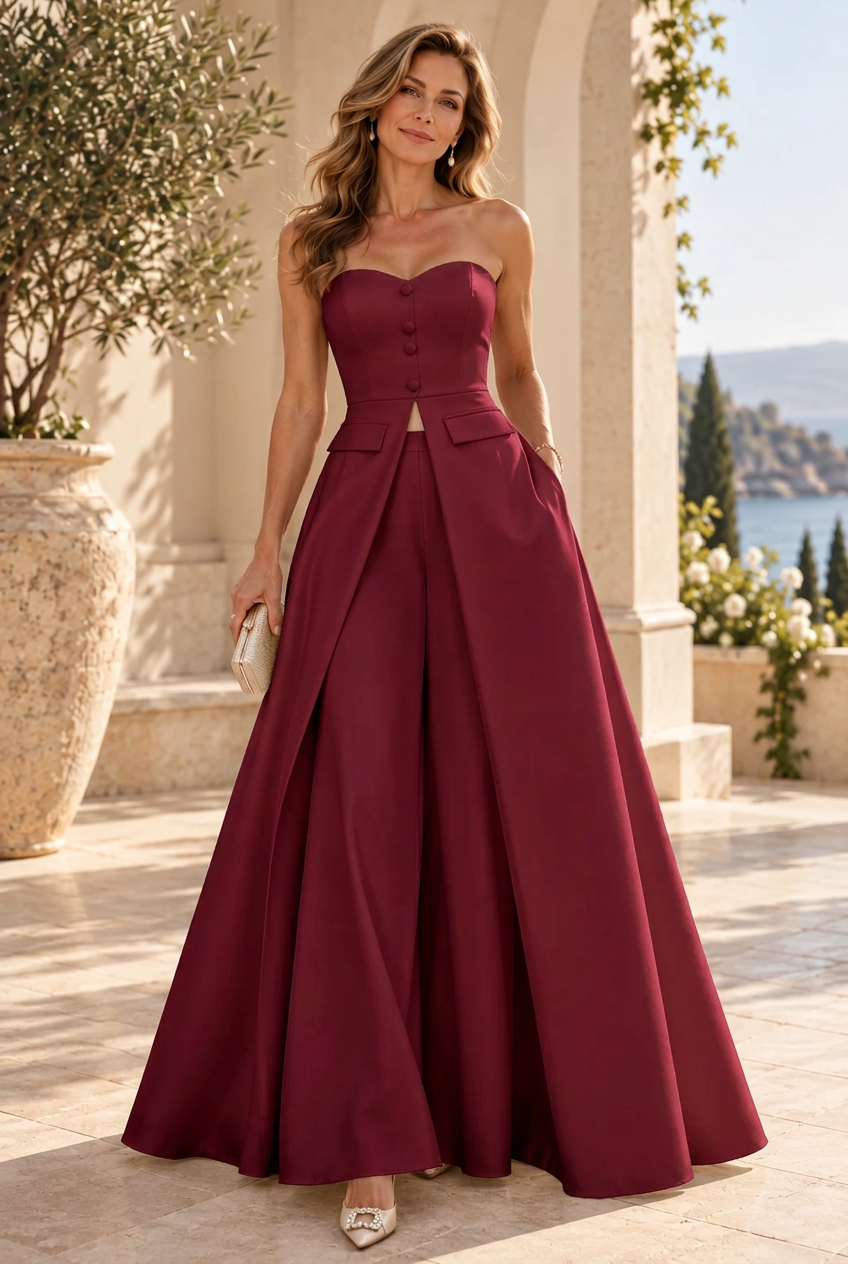 Strapless Wide-Leg Jumpsuit with Overskirt