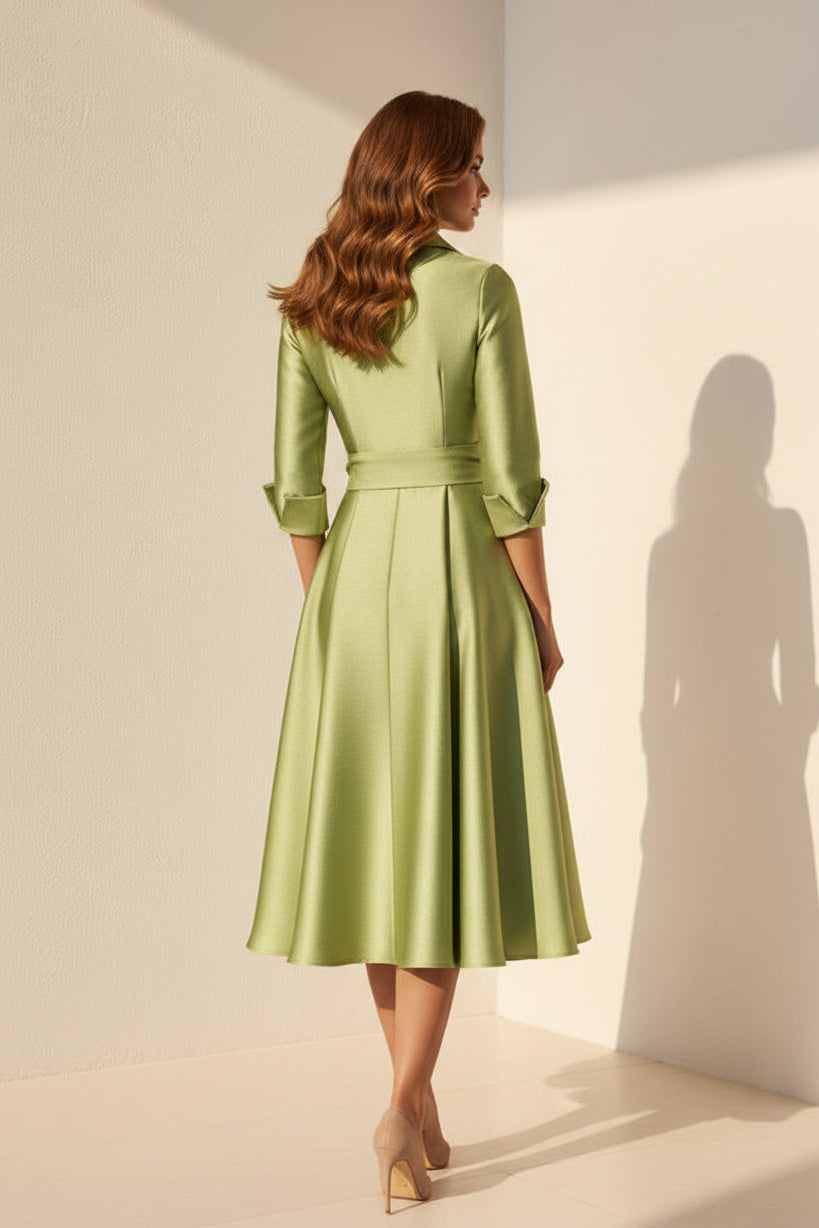 Satin-Midi-Hemdblusenkleid mit Schleifengürtel und Tellerrock