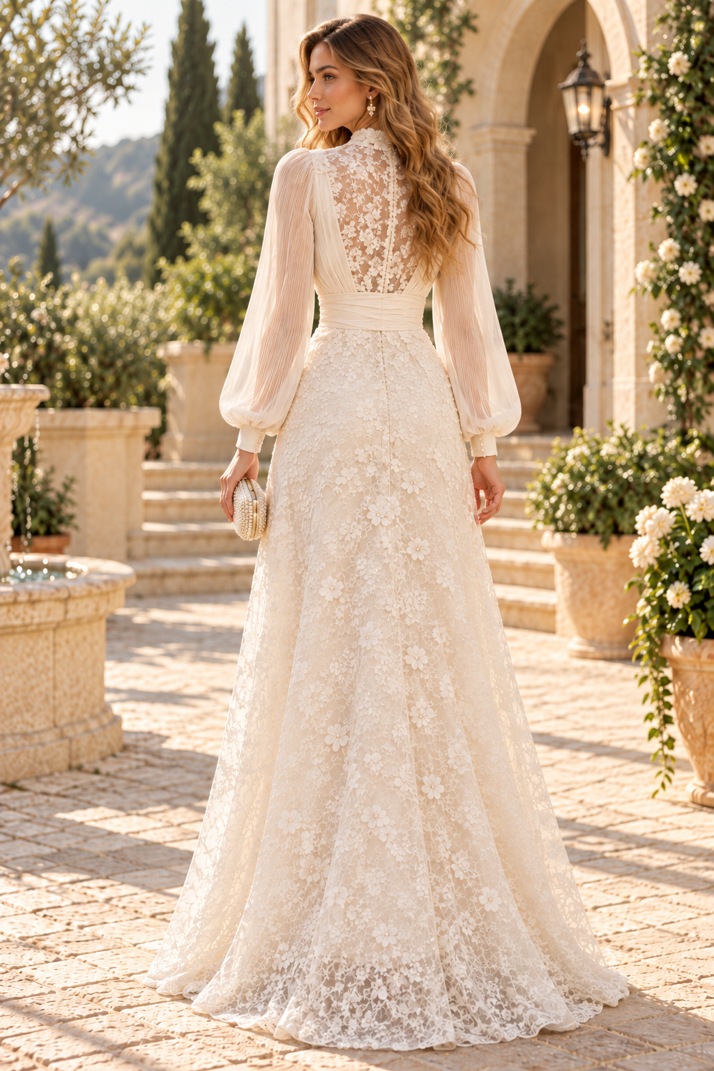 Lace A-Line Gown with Bishop Sleeves