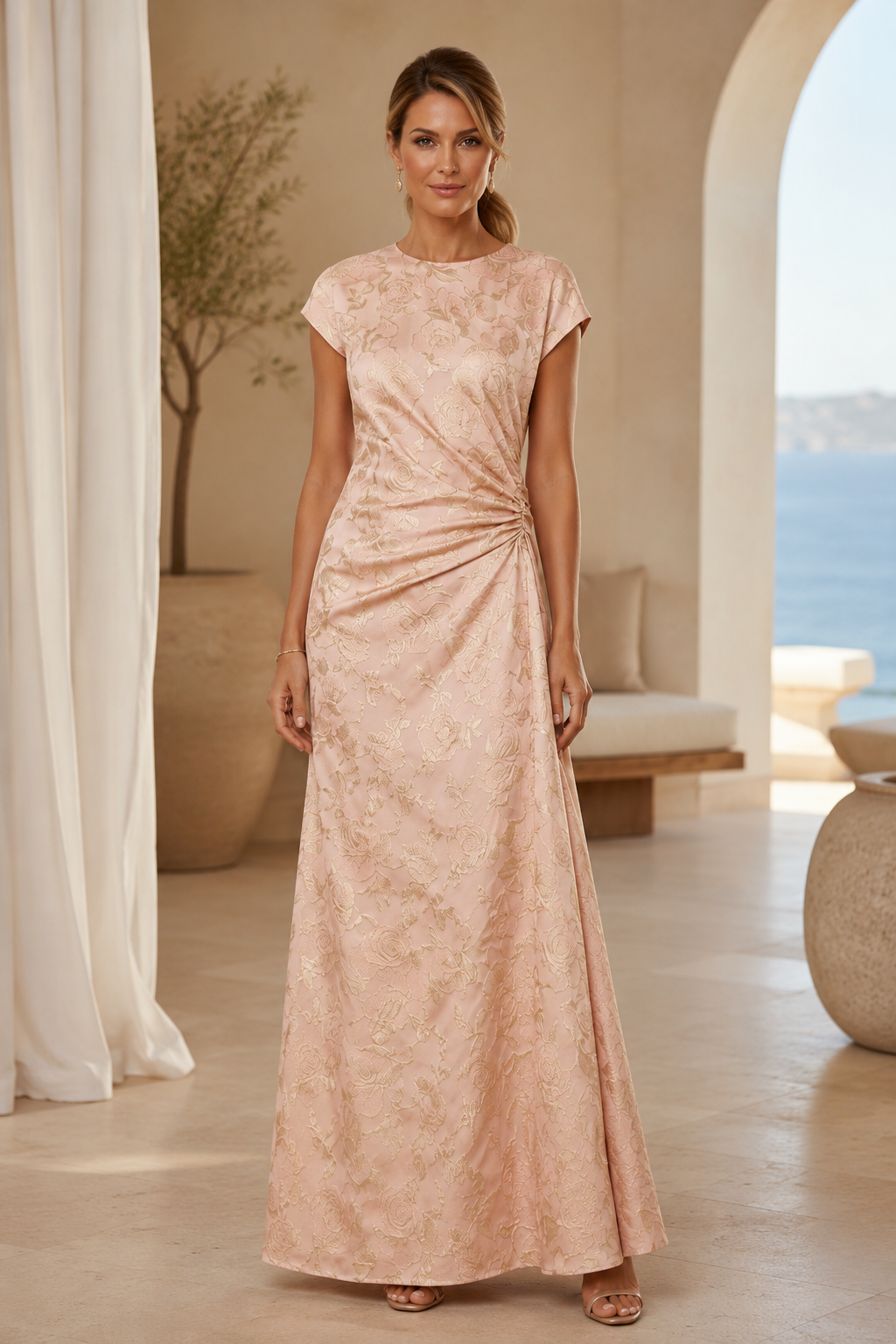 Jacquard-Abendkleid in A-Linie mit seitlicher Raffung