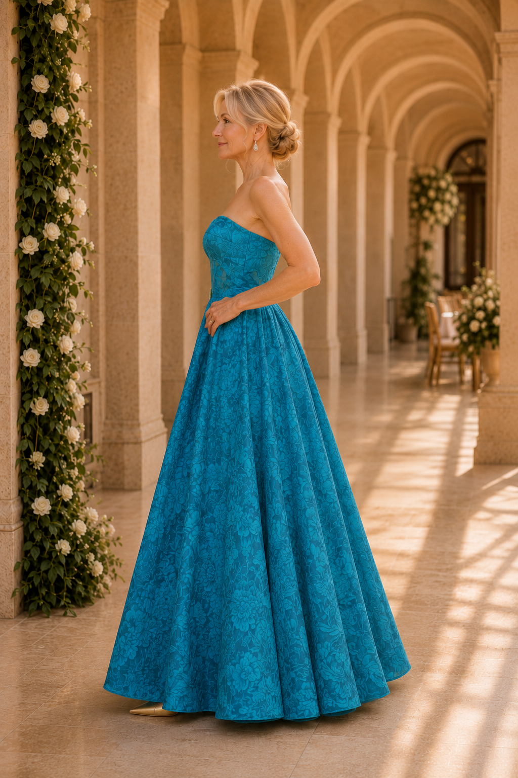 Trägerloses Jacquard-Ballkleid mit Blumenmuster