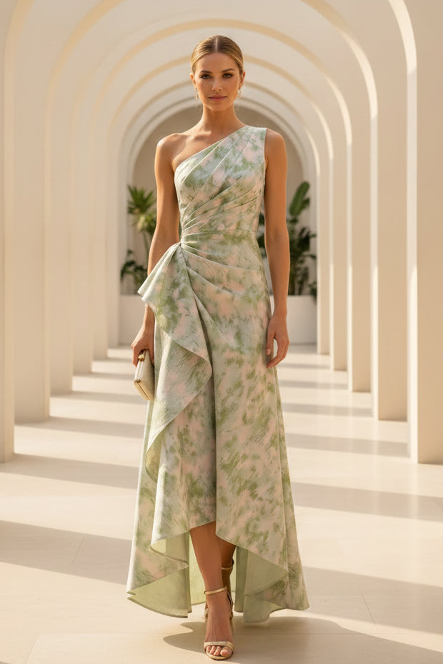One-Shoulder-Midi-Kleid mit Blumenmuster und High-Low-Saum