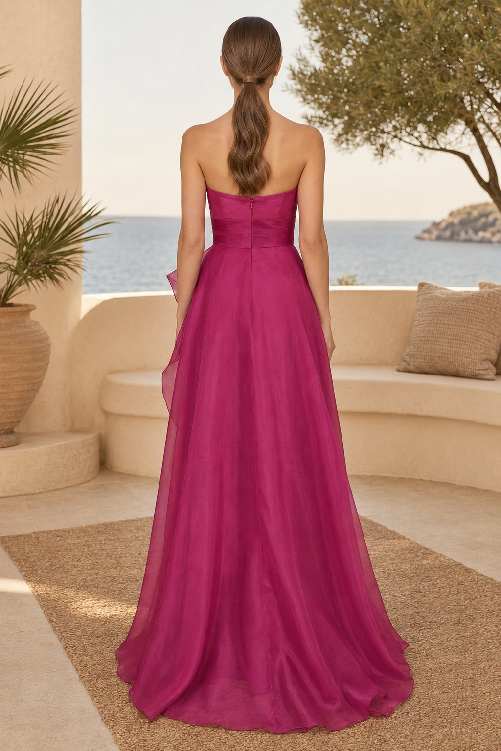 Trägerloses A-Linien-Kleid mit gerafftem Oberteil und Kaskadenrüsche