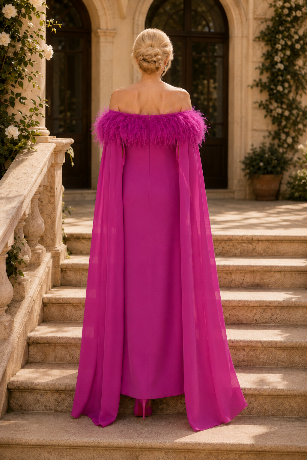 Feder-Off-Shoulder-Säulenkleid mit Umhang