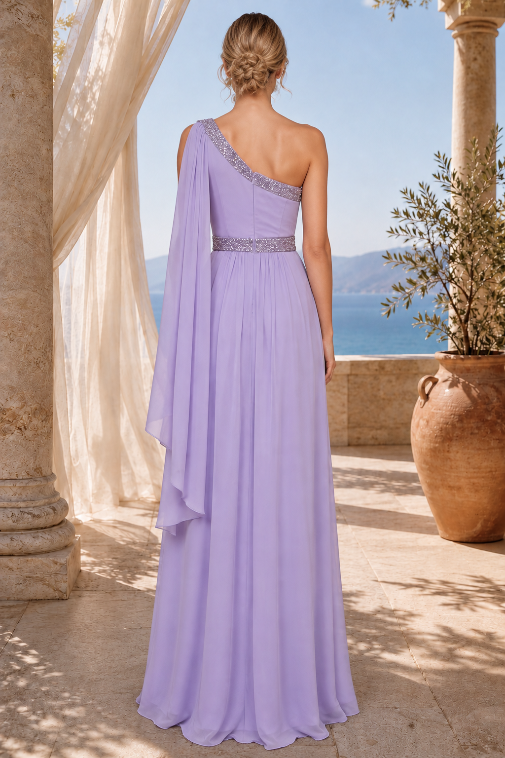One-Shoulder Plissée-Chiffonkleid mit Schulterdrapierung