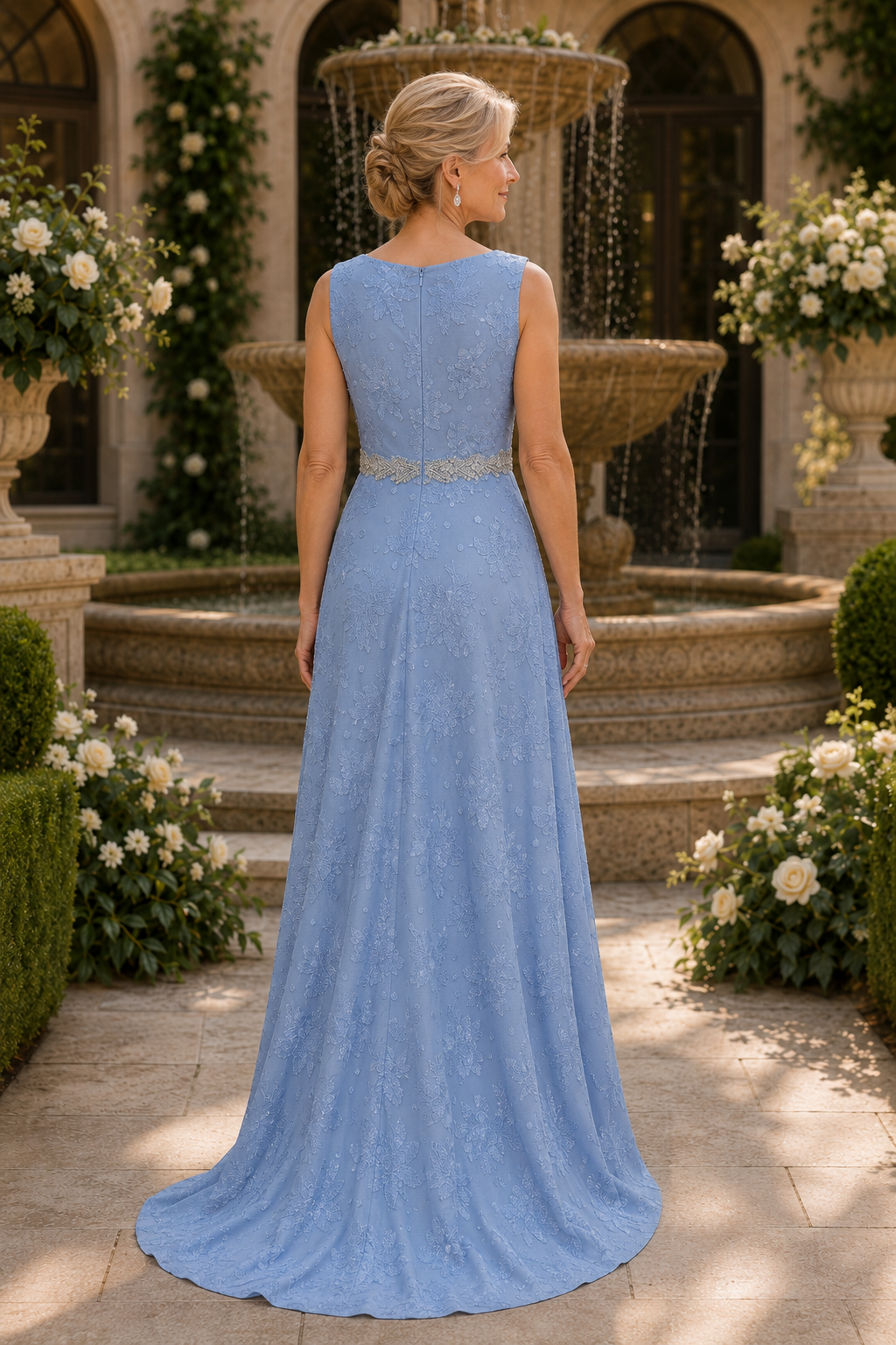 High-Low A-Linien-Kleid aus floraler Spitze mit Perlenbund