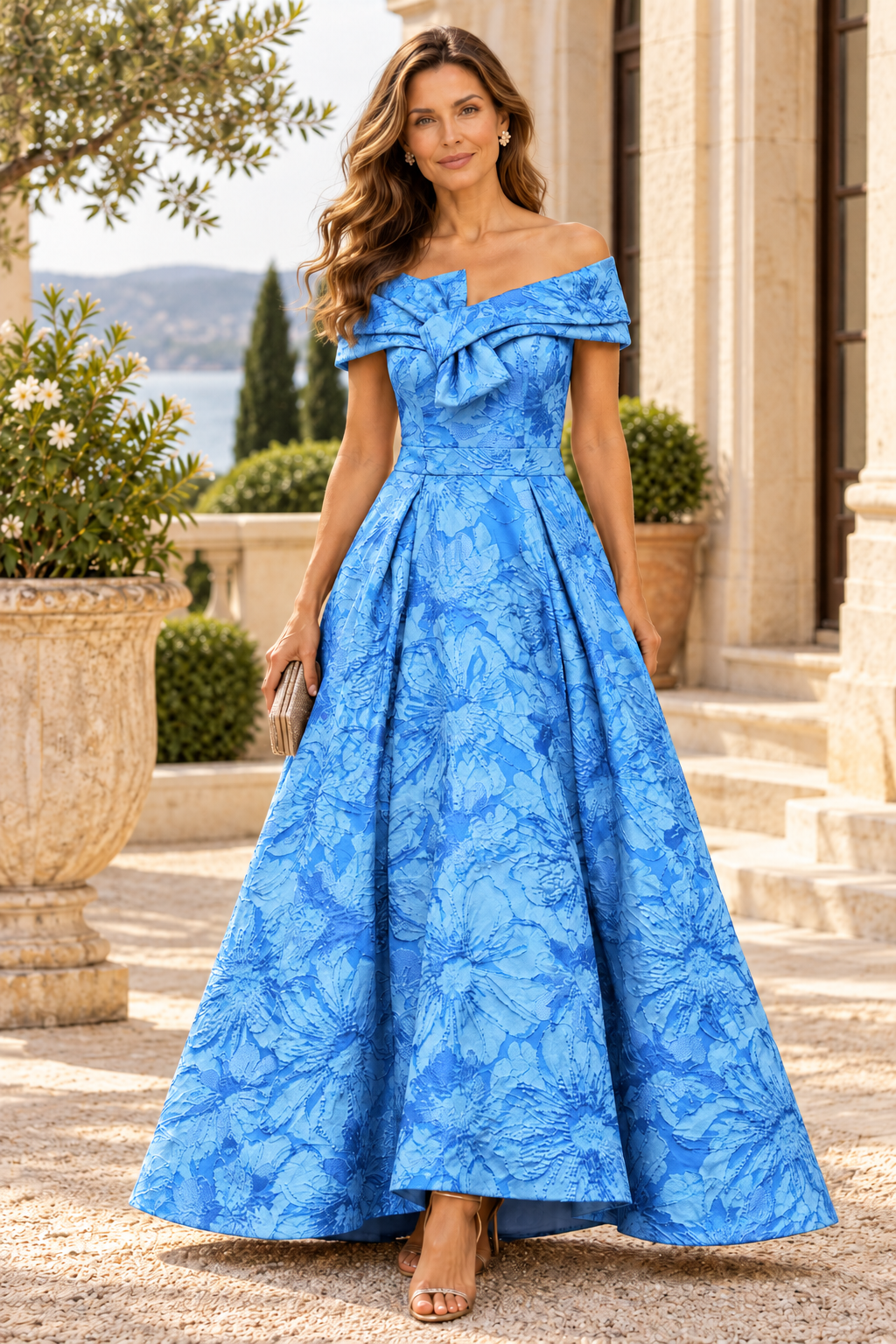 Off-the-Shoulder Jacquard Ball Gown with Bow